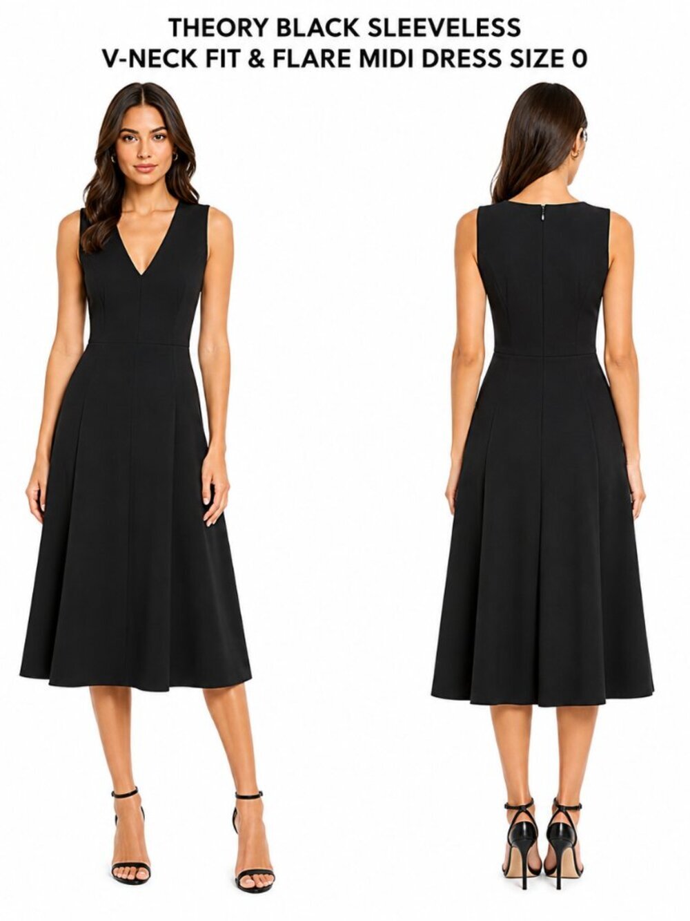 THEORY BLACK SLEEVELESS V-NECK FIT & FLARE MIDI DRESS SIZE 0